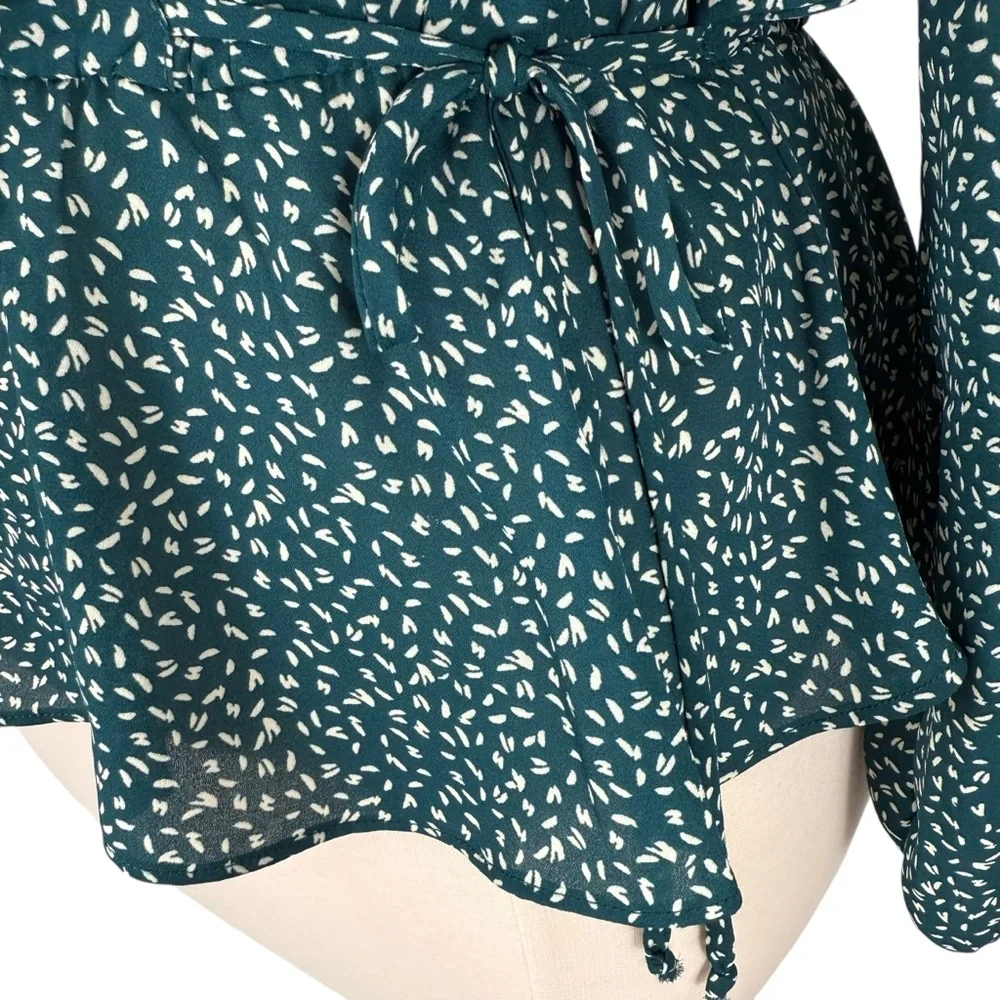 Nine Britton Cavanna Teal Green Faux Wrap Animal Print Dressy Peplum Blouse - Picture 6 of 16